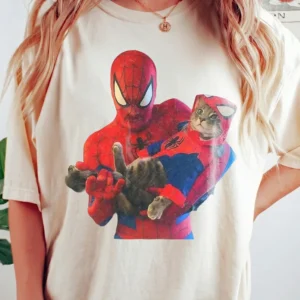 Spider-Man Holding Cat Graphic Tee Funny Superhero Comic Shirt for Women