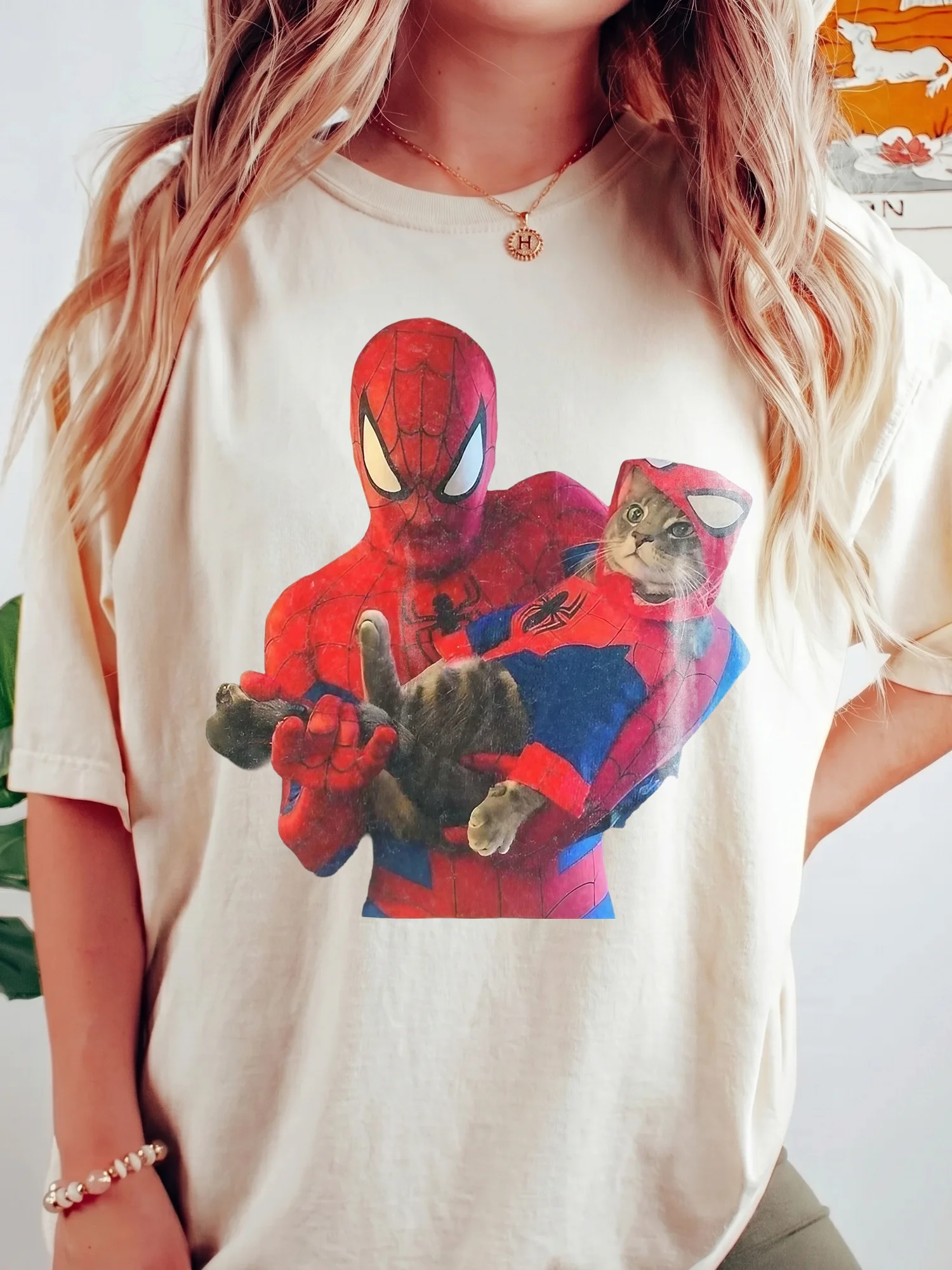 Spider-Man Holding Cat Graphic Tee Funny Superhero Comic Shirt for Women