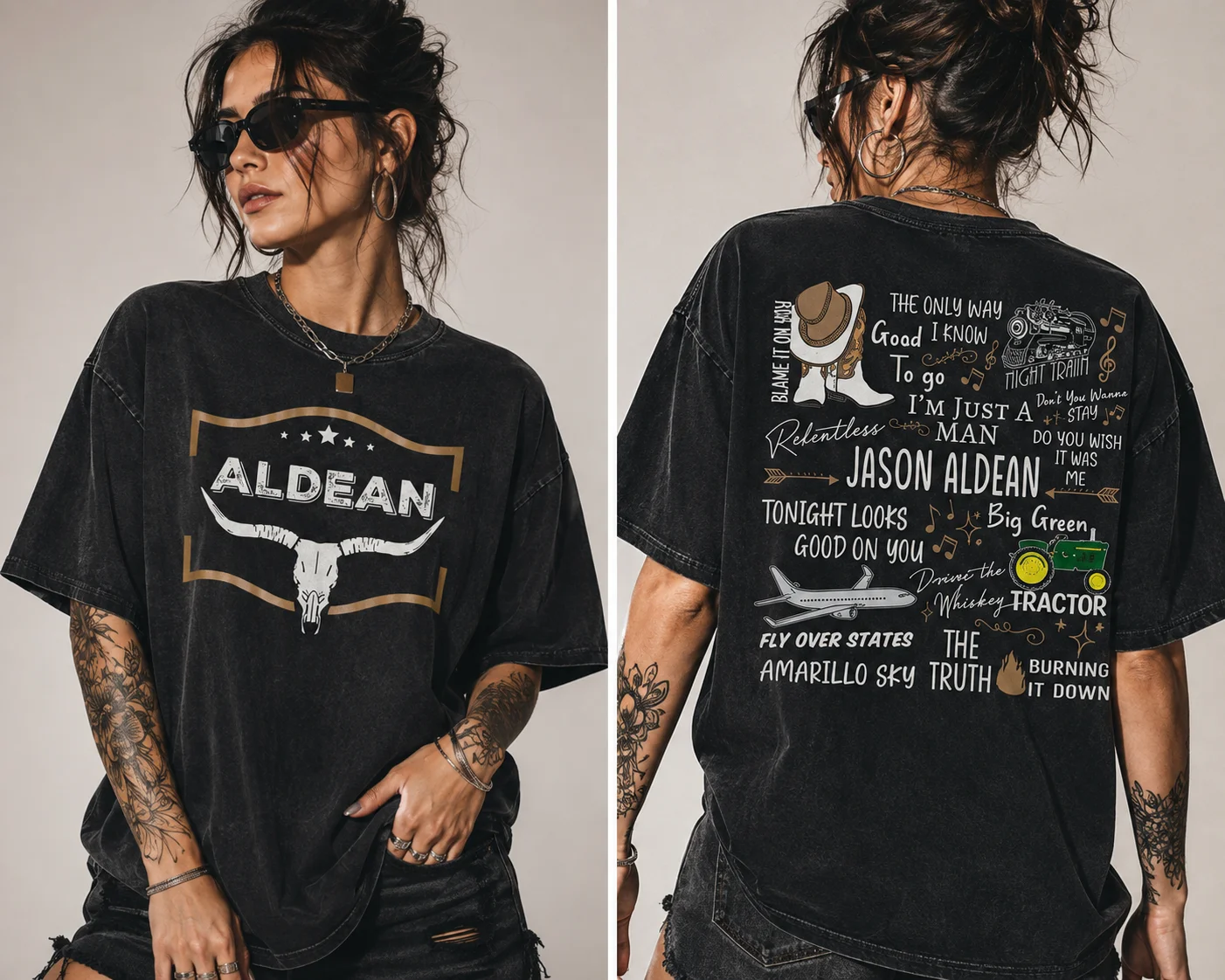 Jason Aldean Song Collage Vintage Tee Country Concert Shirt for Women