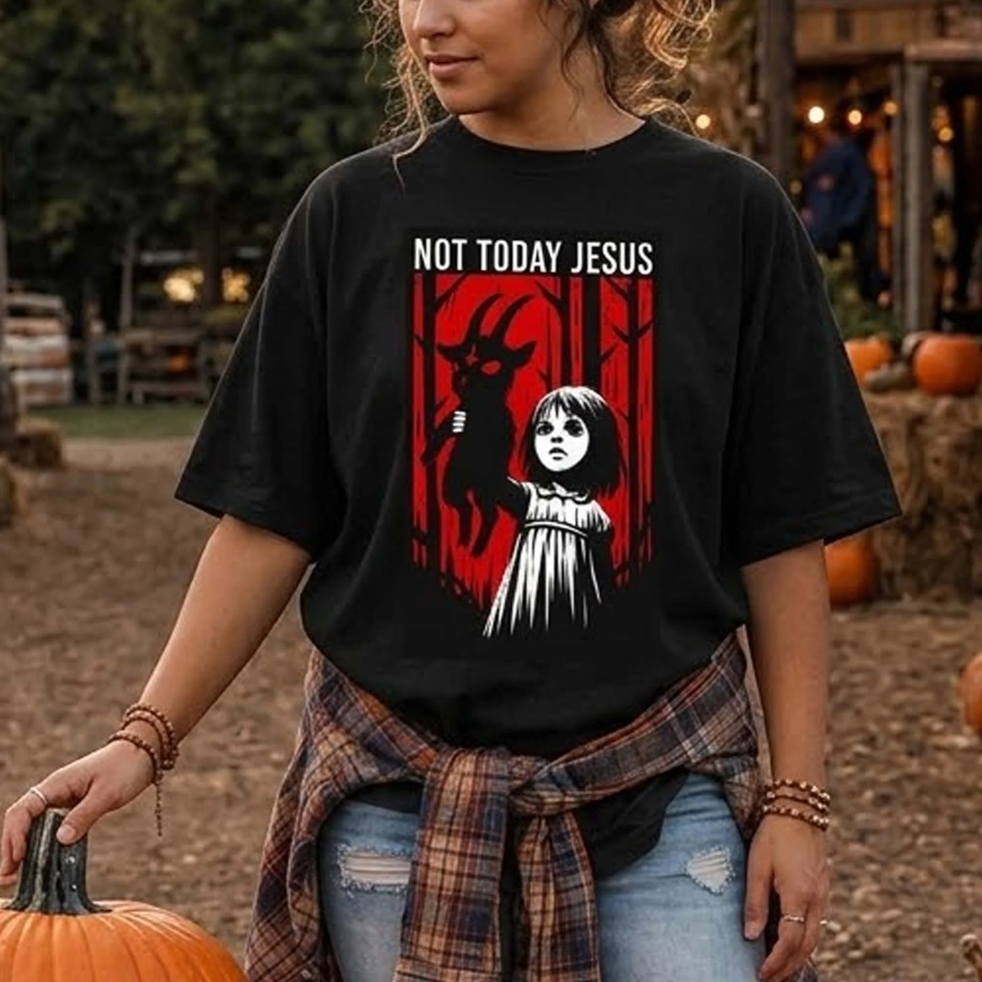 Not Today Jesus Dark Humor Satanic Goat Graphic Tee Creepy Horror Shirt