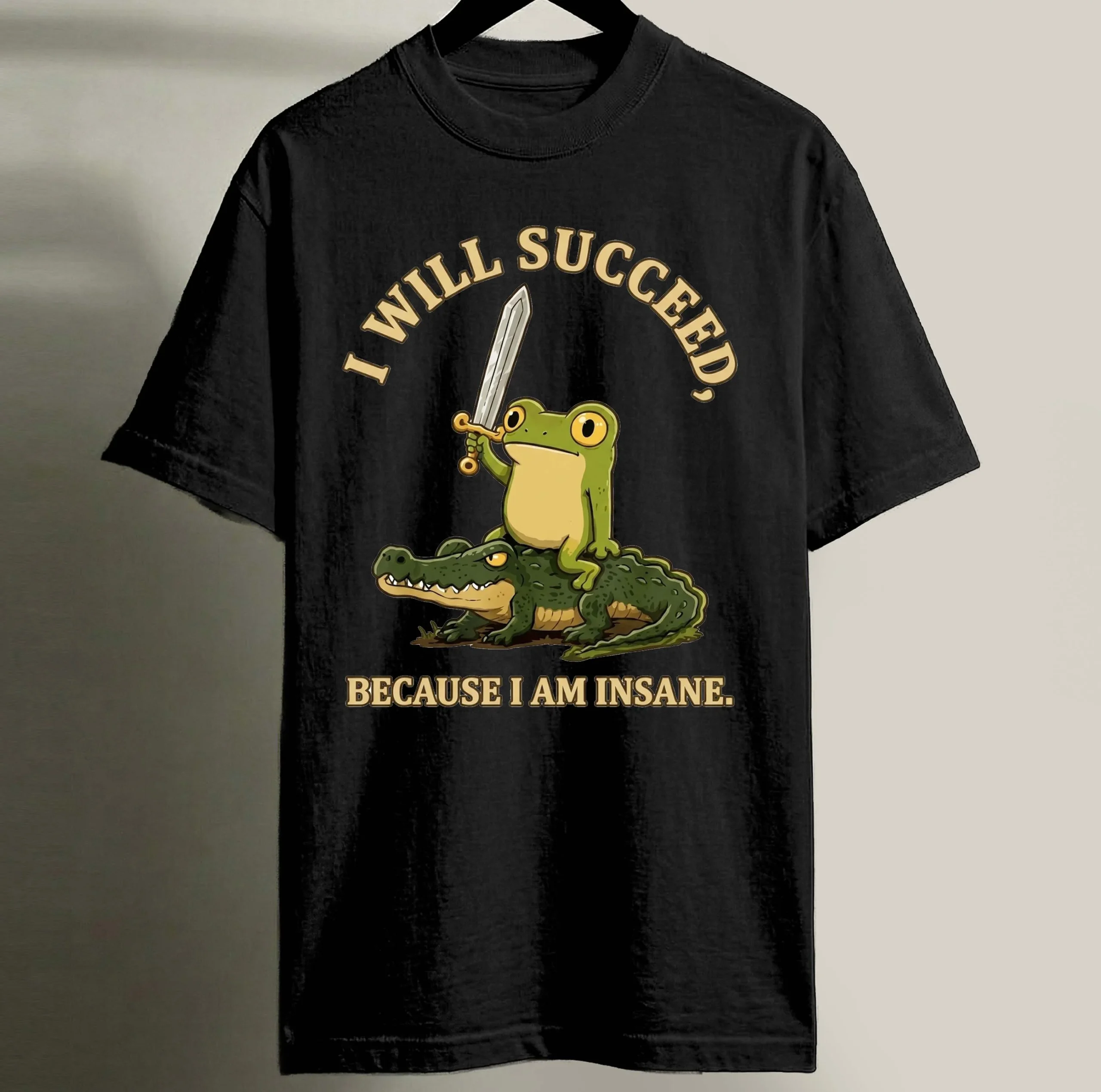 I Will Succeed Because I Am Insane Frog Riding Alligator Tee Funny Meme Graphic Shirt