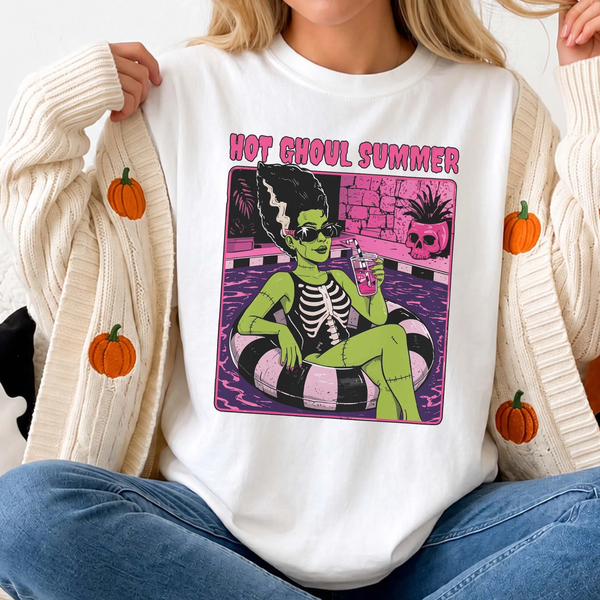 Hot Ghoul Summer Bride of Frankenstein Tee Retro Spooky Summer Graphic Shirt