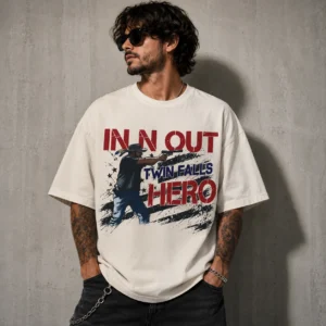 In N Out Twin Falls Hero Patriotic Graphic Tee Distressed American Flag Cowboy Shirt