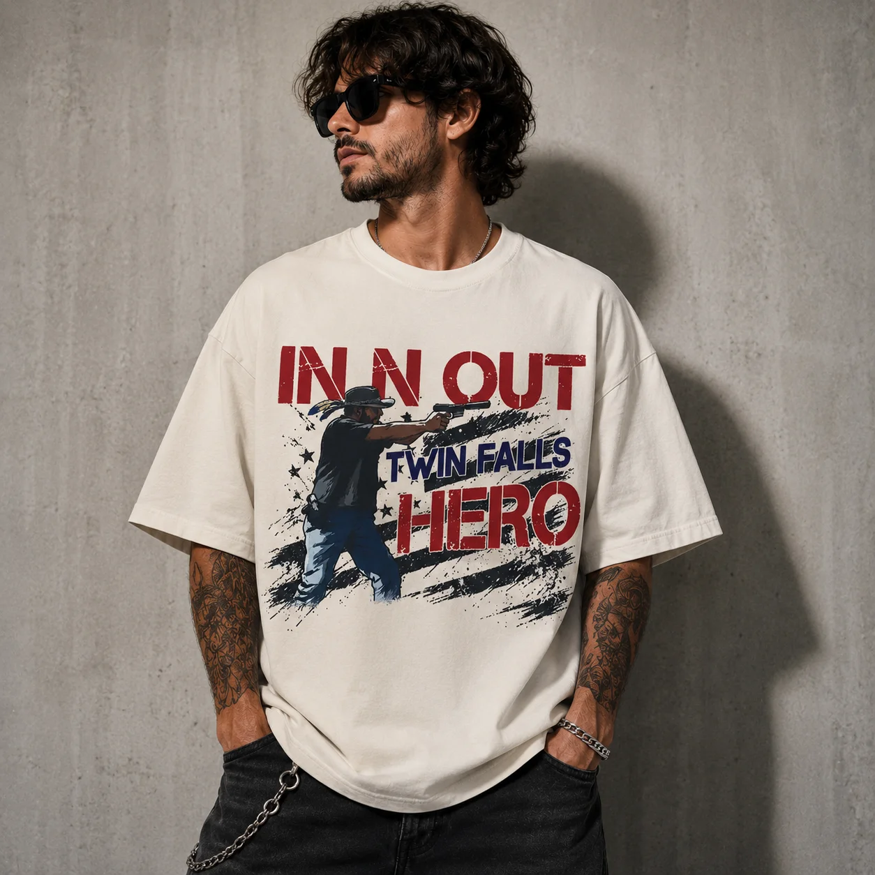 woobulk_1785921746587_0_b9759b.webp In N Out Twin Falls Hero Patriotic Graphic Tee Distressed American Flag Cowboy Shirt