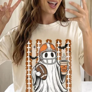 Halloween Football Ghost Coffee Tee Cute Spooky Season Fall Game Day Shirt