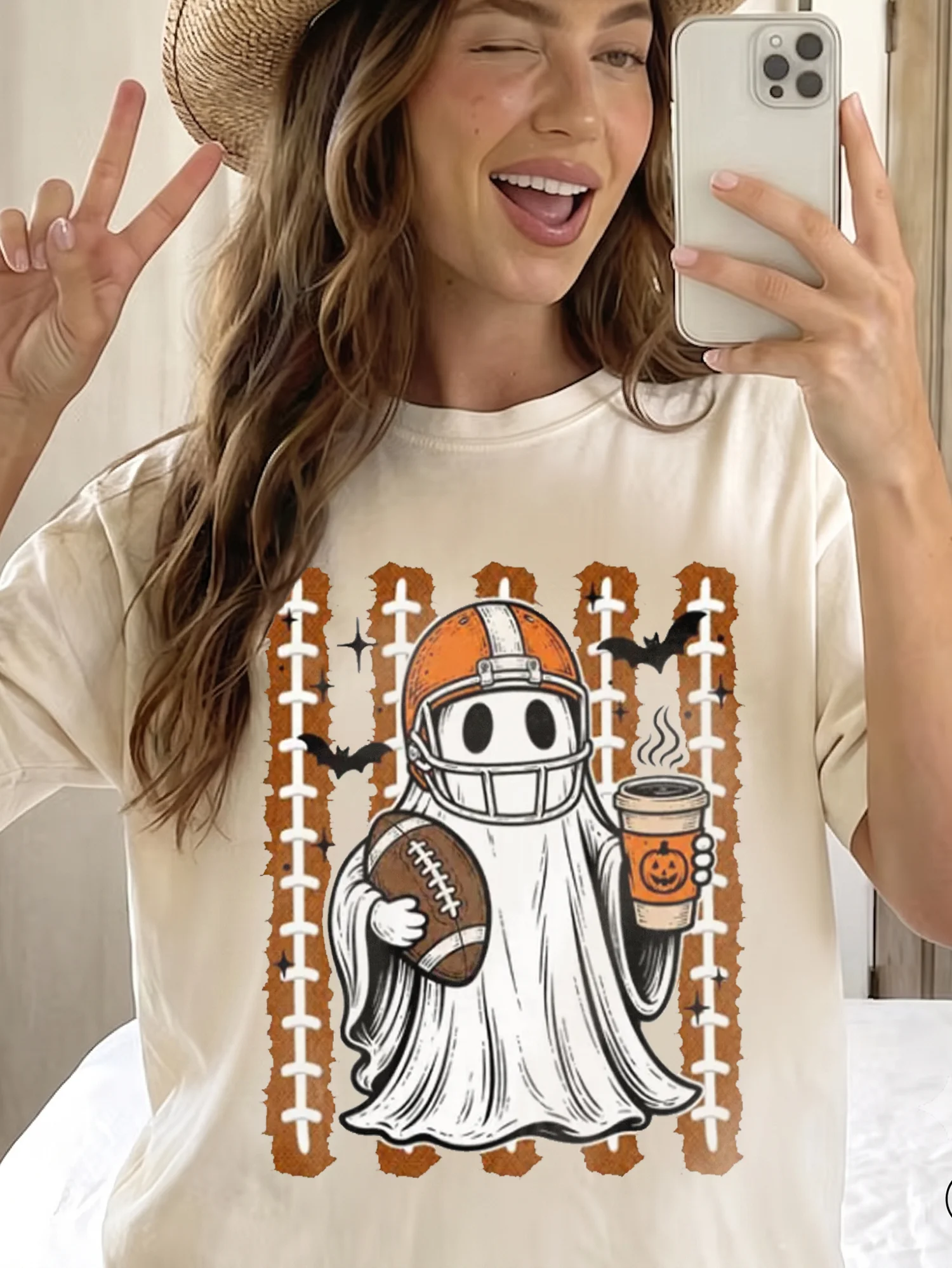 Halloween Football Ghost Coffee Tee Cute Spooky Season Fall Game Day Shirt
