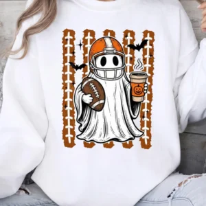 Halloween Football Ghost Coffee Tee Cute Spooky Season Fall Game Day Shirt