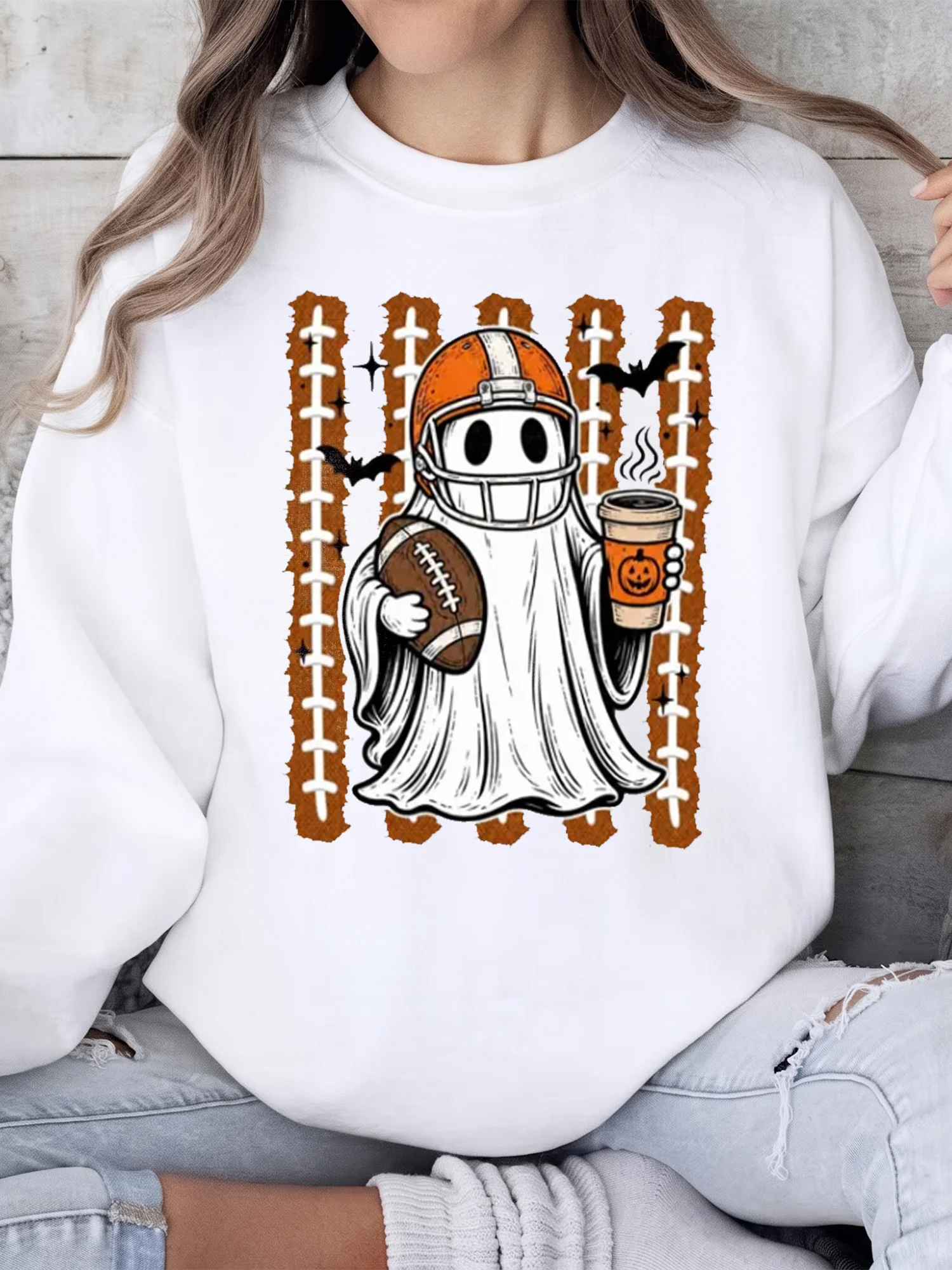 Halloween Football Ghost Coffee Tee Cute Spooky Season Fall Game Day Shirt