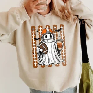 Halloween Football Ghost Coffee Tee Cute Spooky Season Fall Game Day Shirt