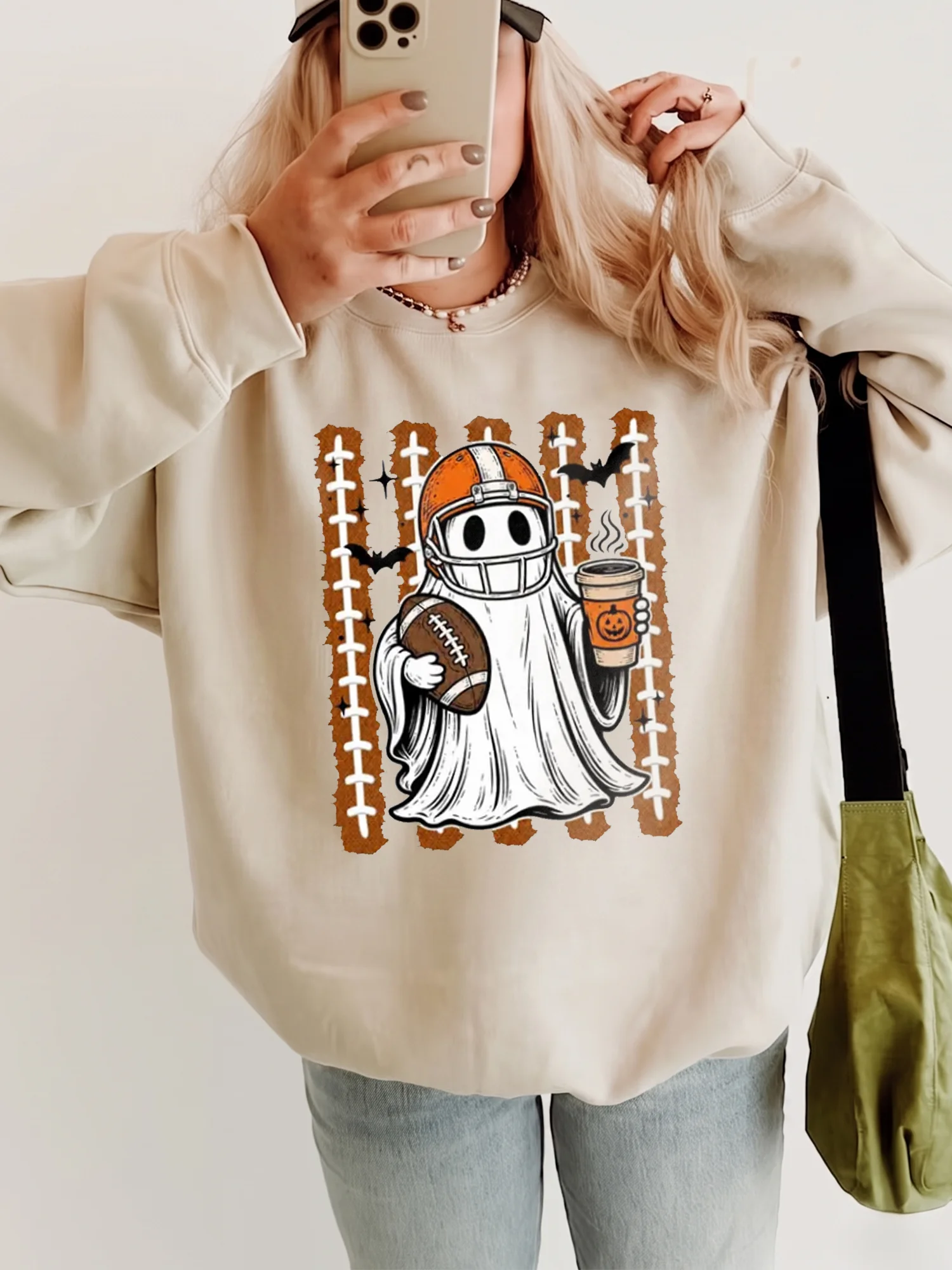 Halloween Football Ghost Coffee Tee Cute Spooky Season Fall Game Day Shirt