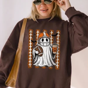 Halloween Football Ghost Coffee Tee Cute Spooky Season Fall Game Day Shirt