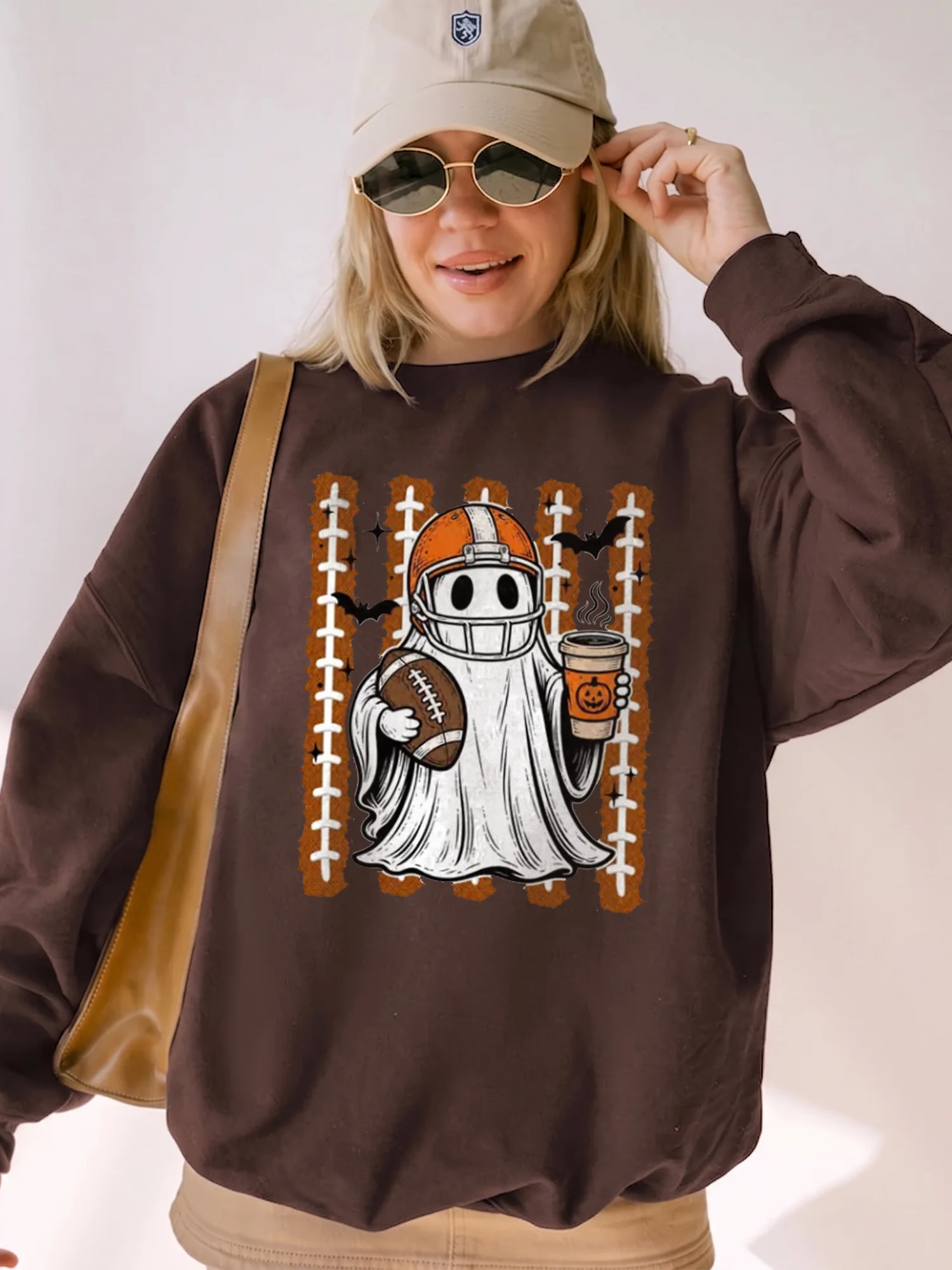 Halloween Football Ghost Coffee Tee Cute Spooky Season Fall Game Day Shirt