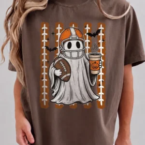 Halloween Football Ghost Coffee Tee Cute Spooky Season Fall Game Day Shirt
