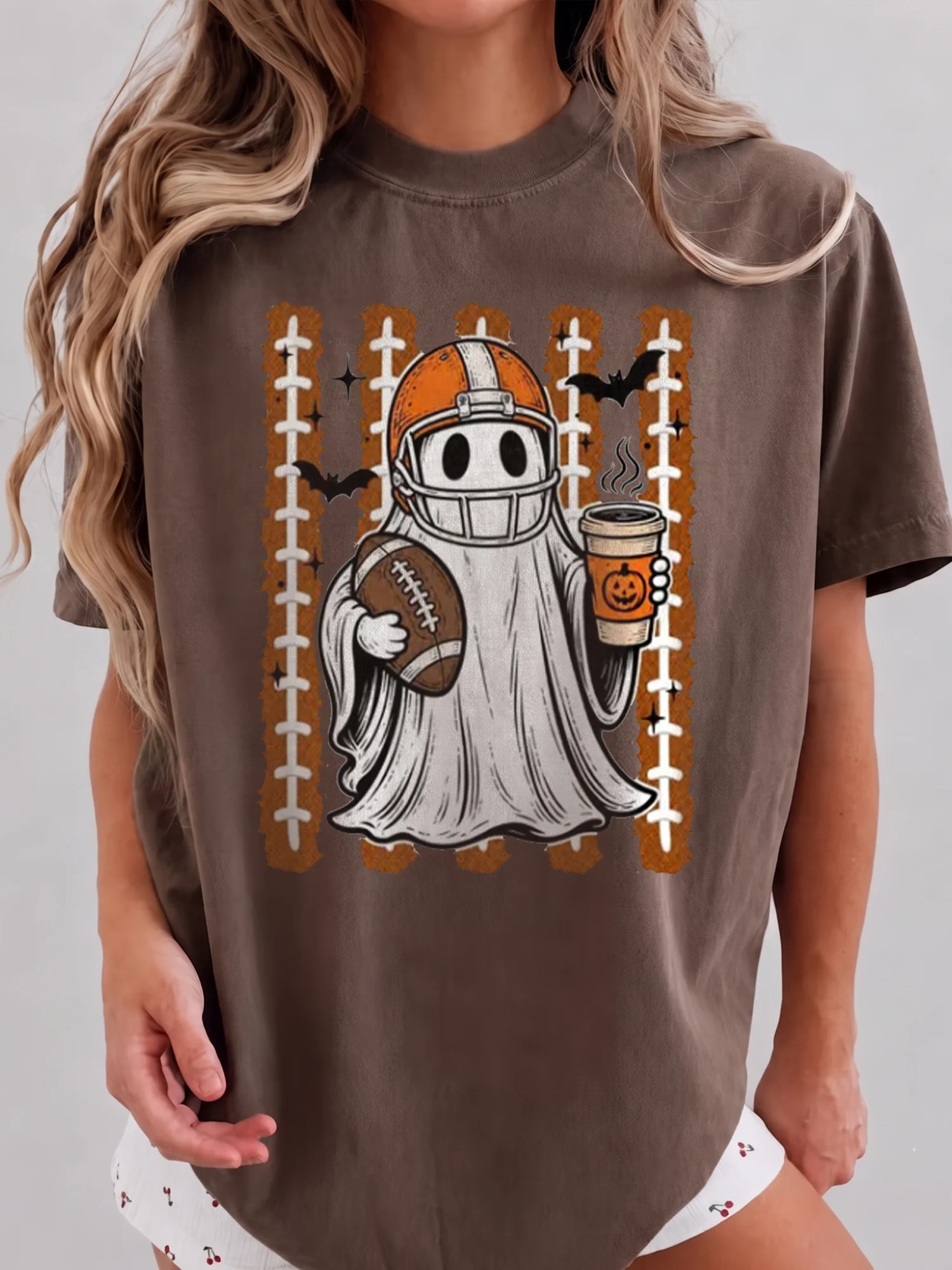 Halloween Football Ghost Coffee Tee Cute Spooky Season Fall Game Day Shirt