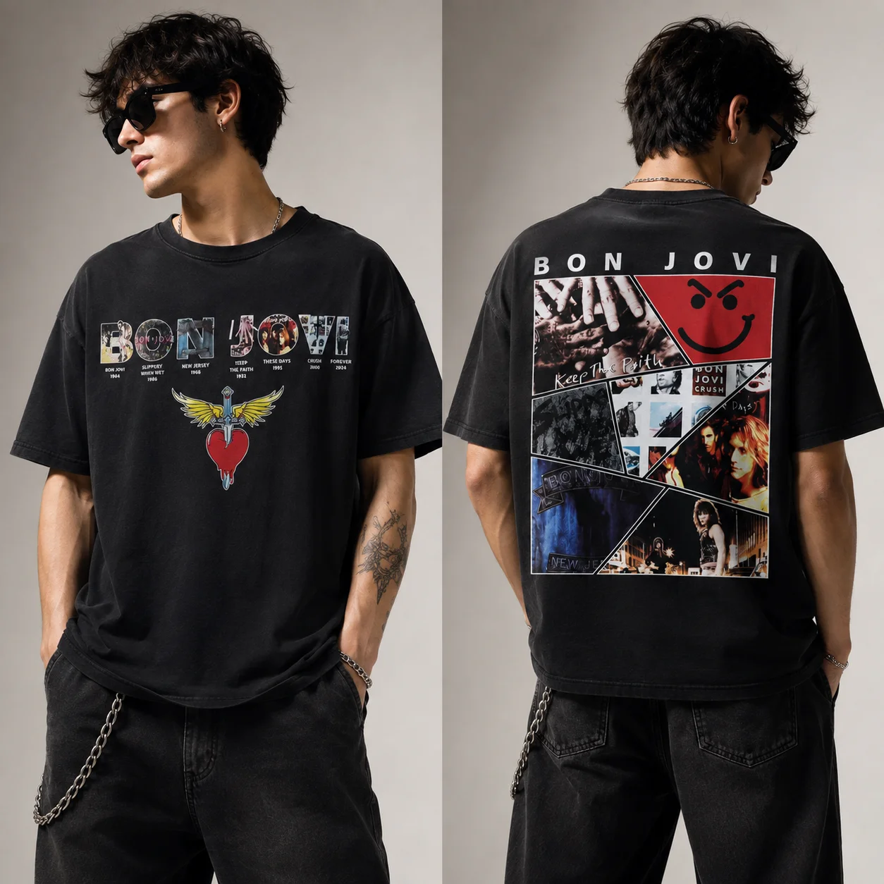 Bon Jovi Slippery When Wet New Jersey Keep The Faith Album Timeline Vintage Graphic Tee
