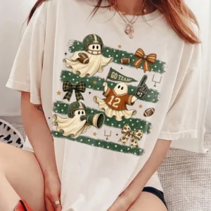 Retro Ghost Football Game Day Tee Cute Spooky Season Go Team Shirt for Women