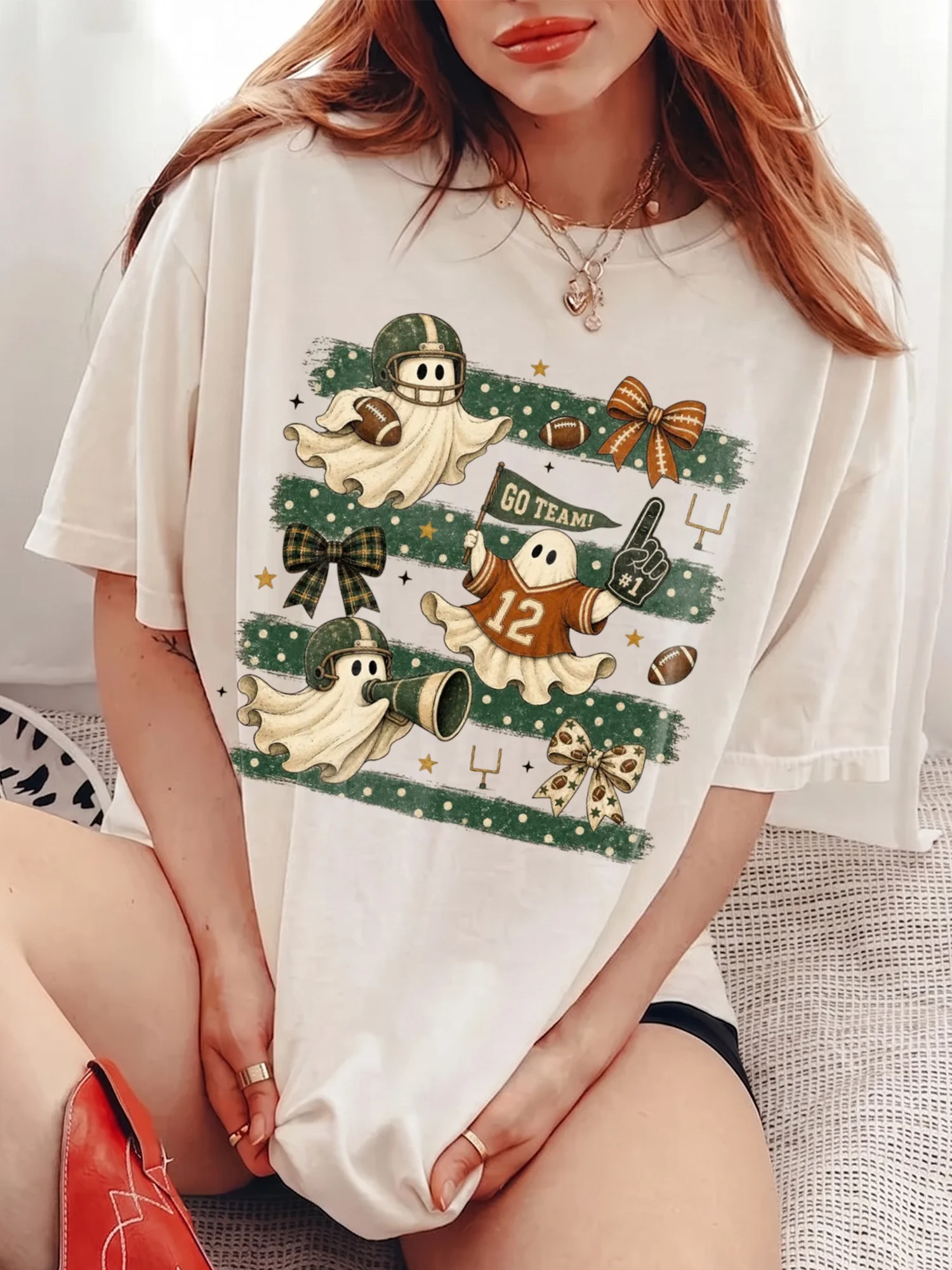 Retro Ghost Football Game Day Tee Cute Spooky Season Go Team Shirt for Women