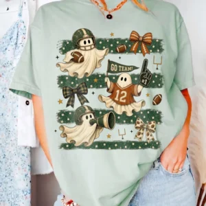 Retro Ghost Football Game Day Tee Cute Spooky Season Go Team Shirt for Women