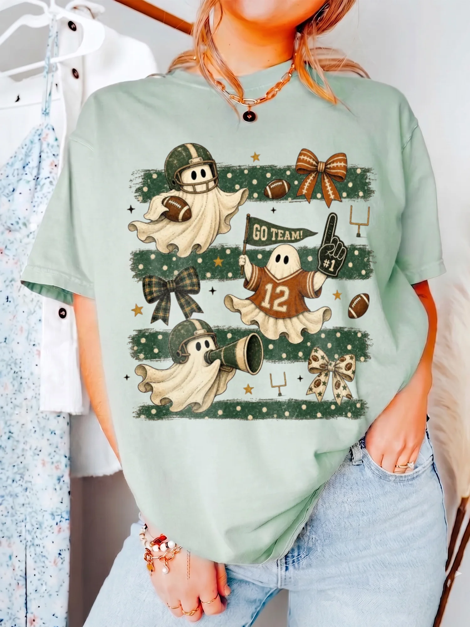 Retro Ghost Football Game Day Tee Cute Spooky Season Go Team Shirt for Women
