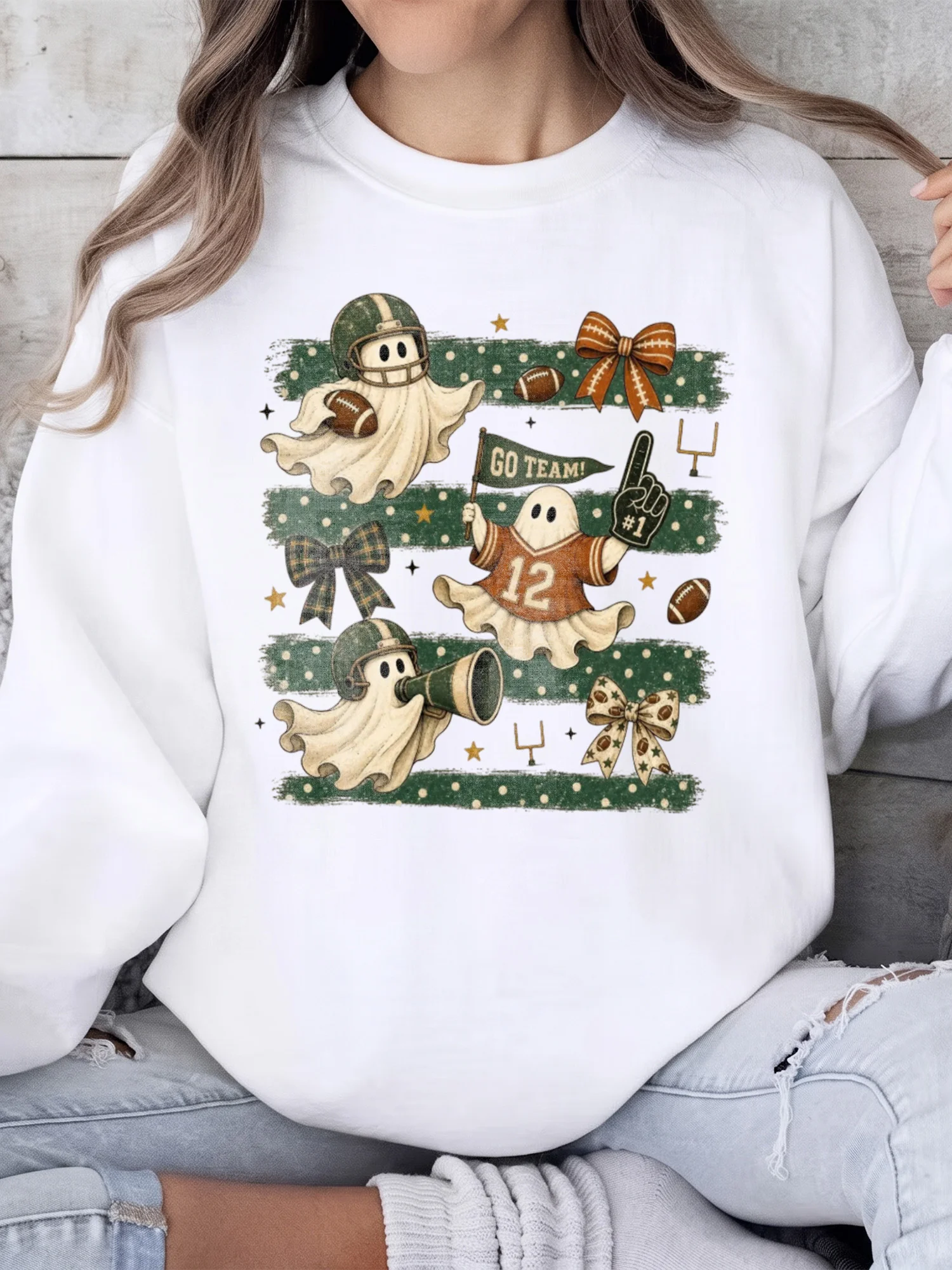 Retro Ghost Football Game Day Tee Cute Spooky Season Go Team Shirt for Women