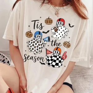 Tis the Season Halloween Football Ghost Tee Fall Game Day Shirt for Women