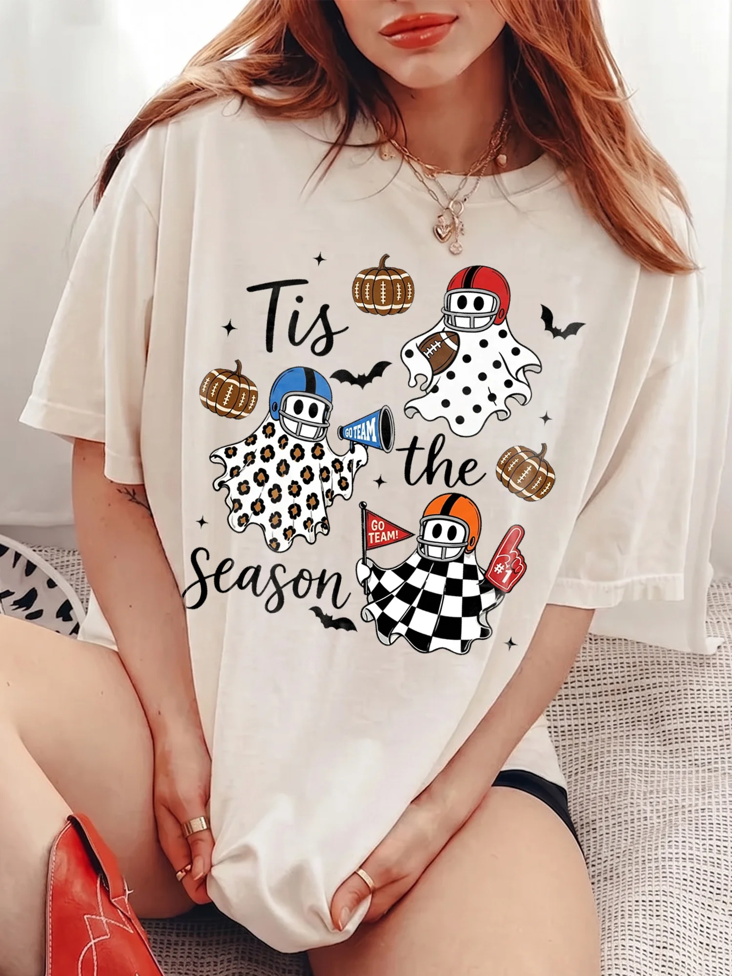 Tis the Season Halloween Football Ghost Tee Fall Game Day Shirt for Women