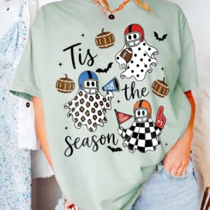 Tis the Season Halloween Football Ghost Tee Fall Game Day Shirt for Women