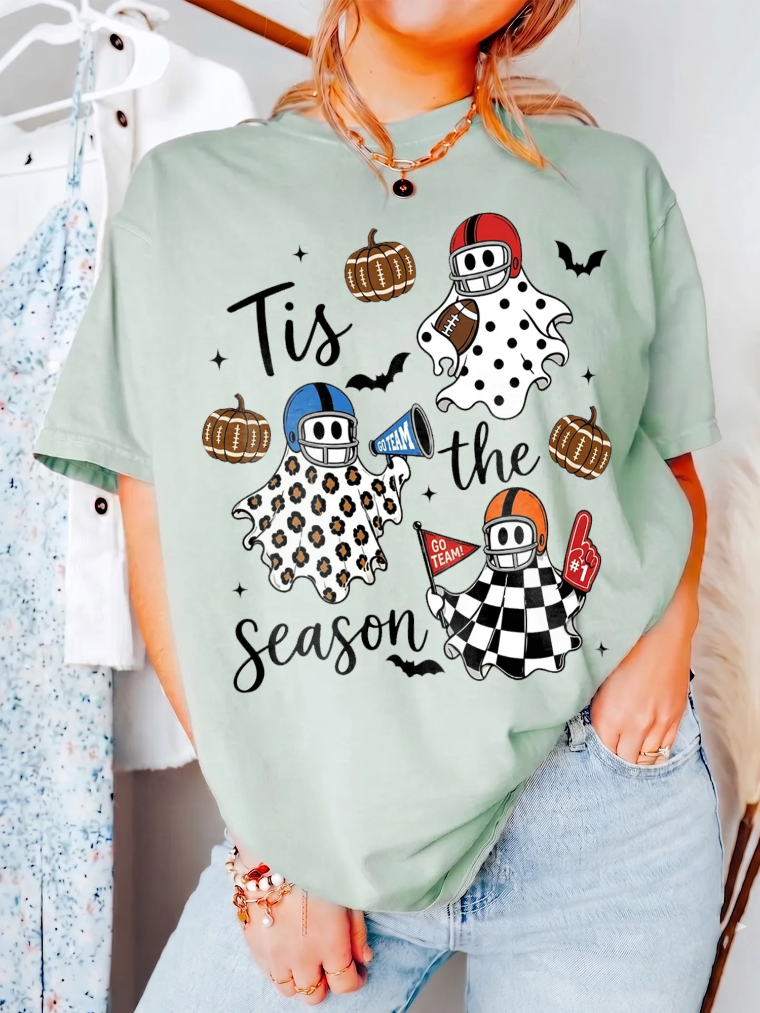 Tis the Season Halloween Football Ghost Tee Fall Game Day Shirt for Women