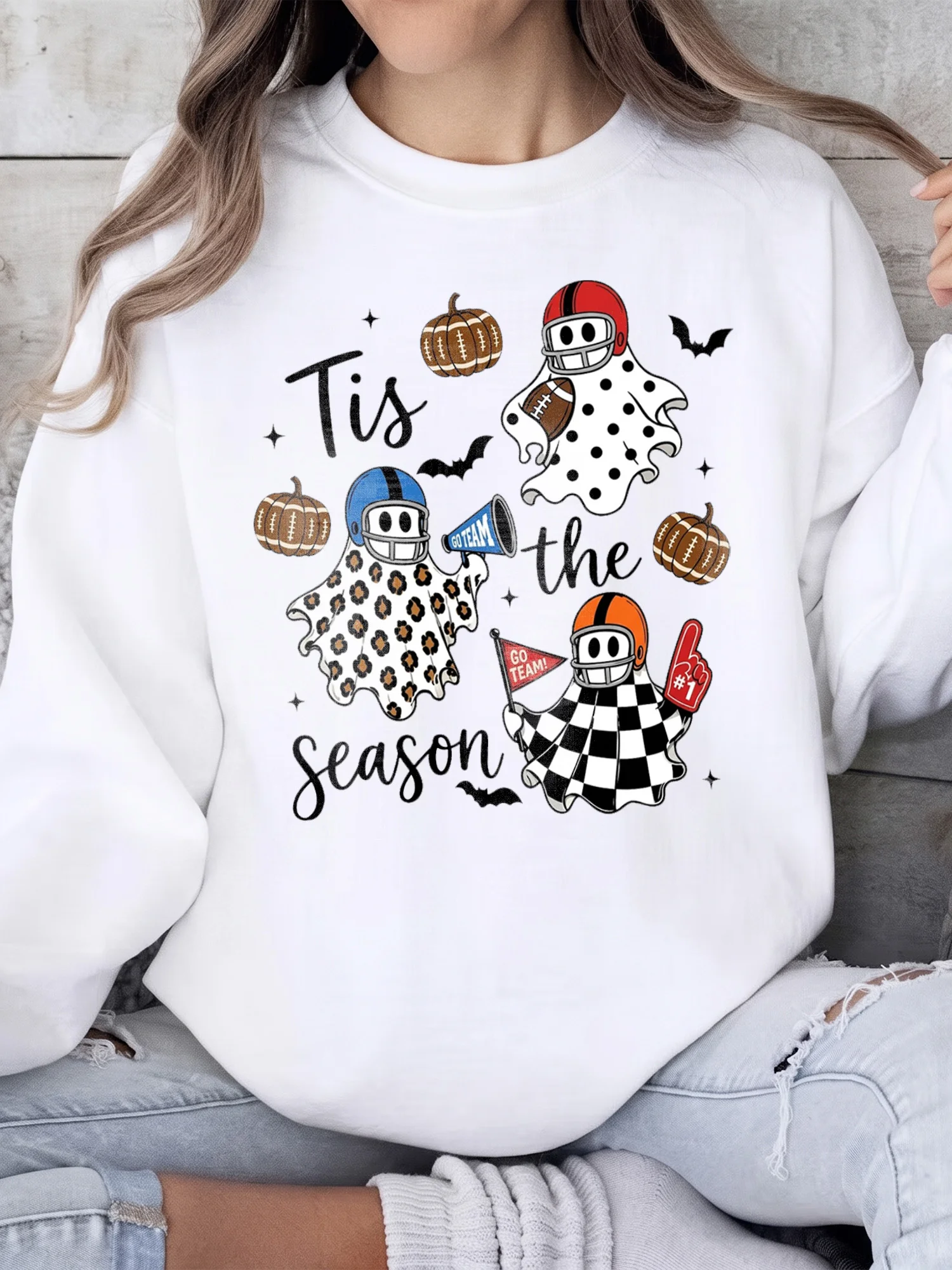 Tis the Season Halloween Football Ghost Tee Fall Game Day Shirt for Women