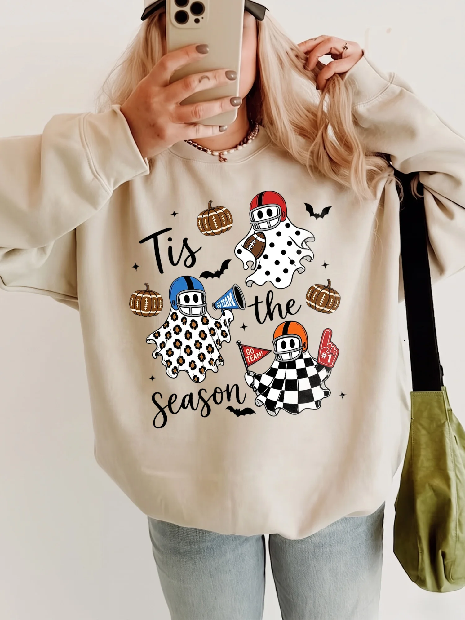 Tis the Season Halloween Football Ghost Tee Fall Game Day Shirt for Women