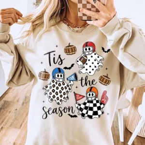 Tis the Season Halloween Football Ghost Tee Fall Game Day Shirt for Women