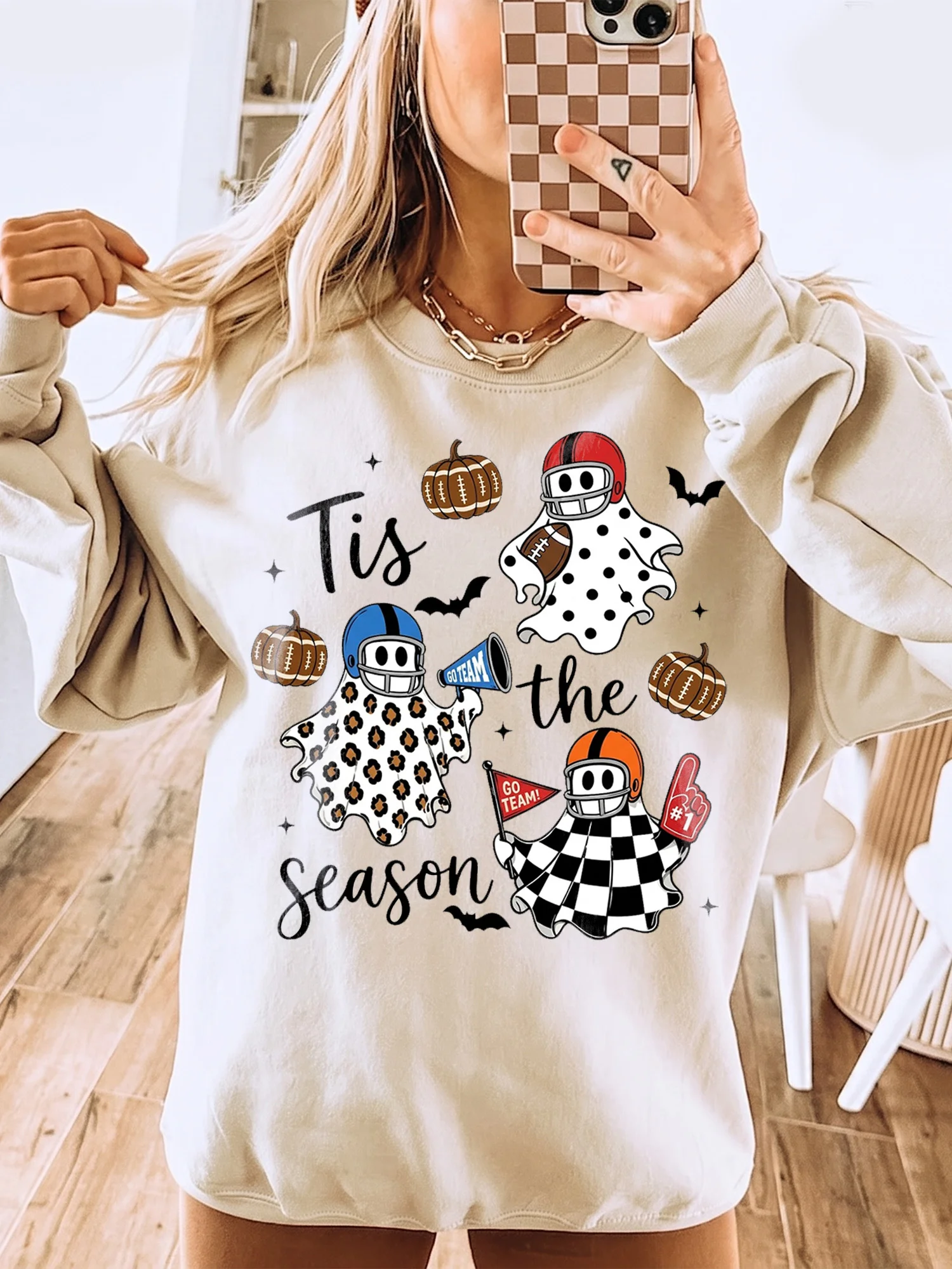 Tis the Season Halloween Football Ghost Tee Fall Game Day Shirt for Women