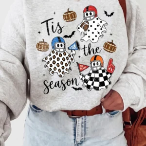 Tis the Season Halloween Football Ghost Tee Fall Game Day Shirt for Women