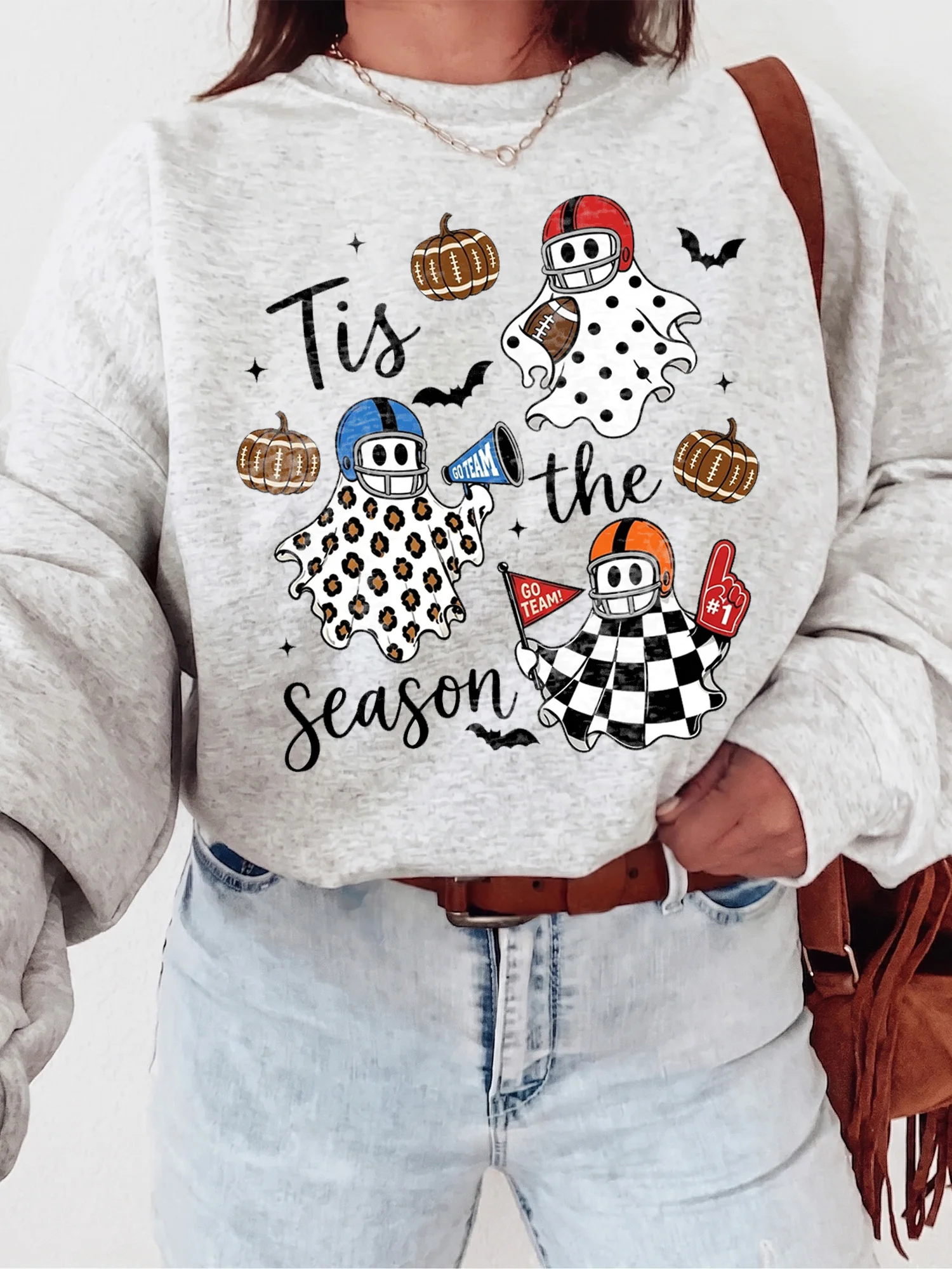 Tis the Season Halloween Football Ghost Tee Fall Game Day Shirt for Women