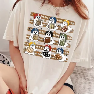 Cute Football Ghost Halloween Game Day Tee for Women