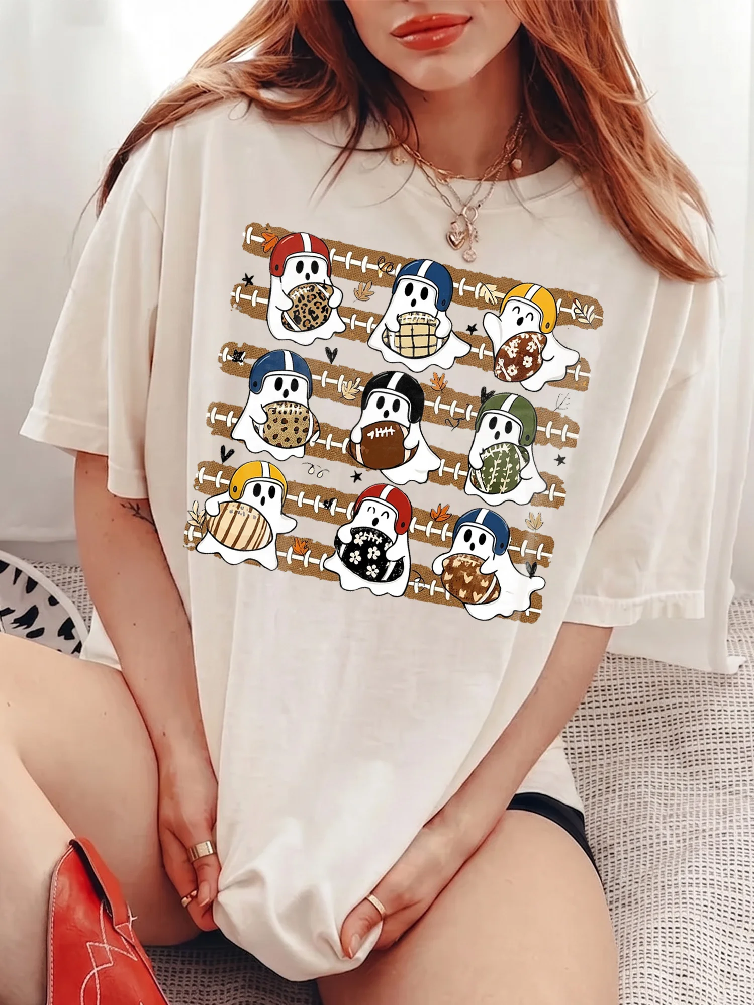 Cute Football Ghost Halloween Game Day Tee for Women