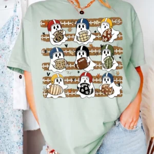 Cute Football Ghost Halloween Game Day Tee for Women