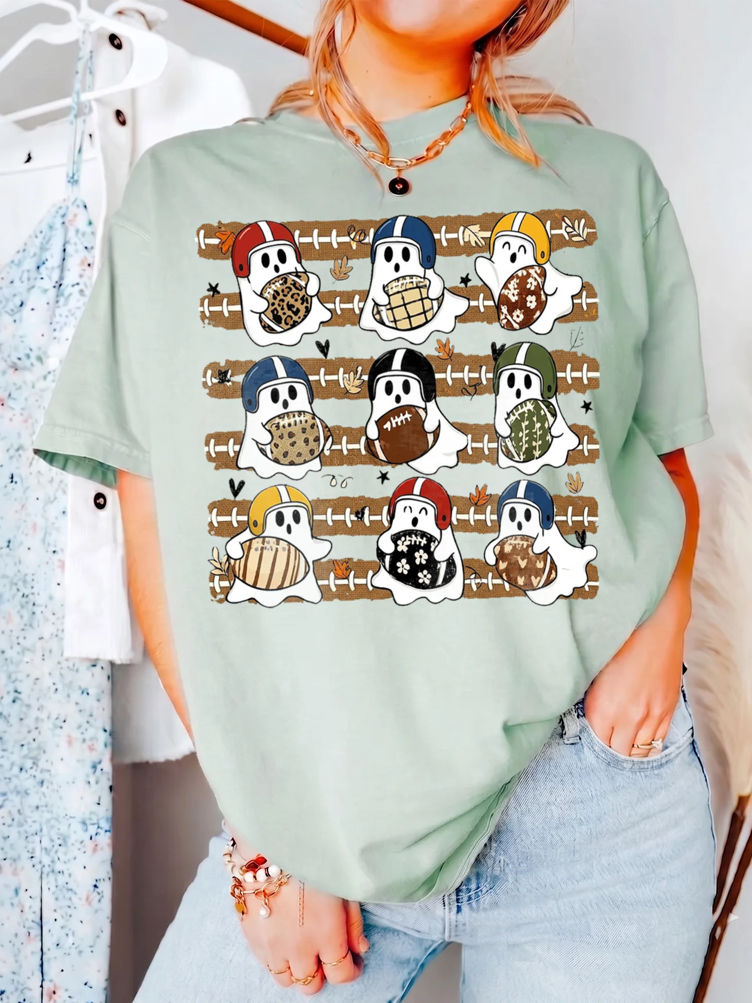 Cute Football Ghost Halloween Game Day Tee for Women
