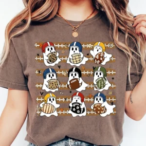 Cute Football Ghost Halloween Game Day Tee for Women