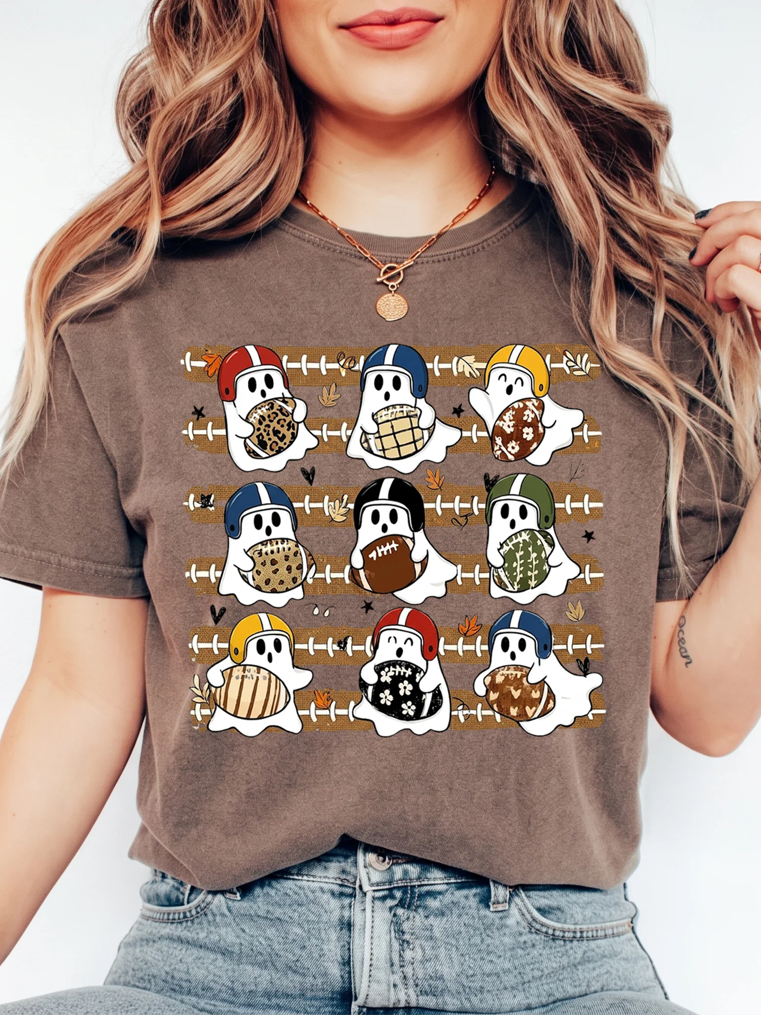 Cute Football Ghost Halloween Game Day Tee for Women