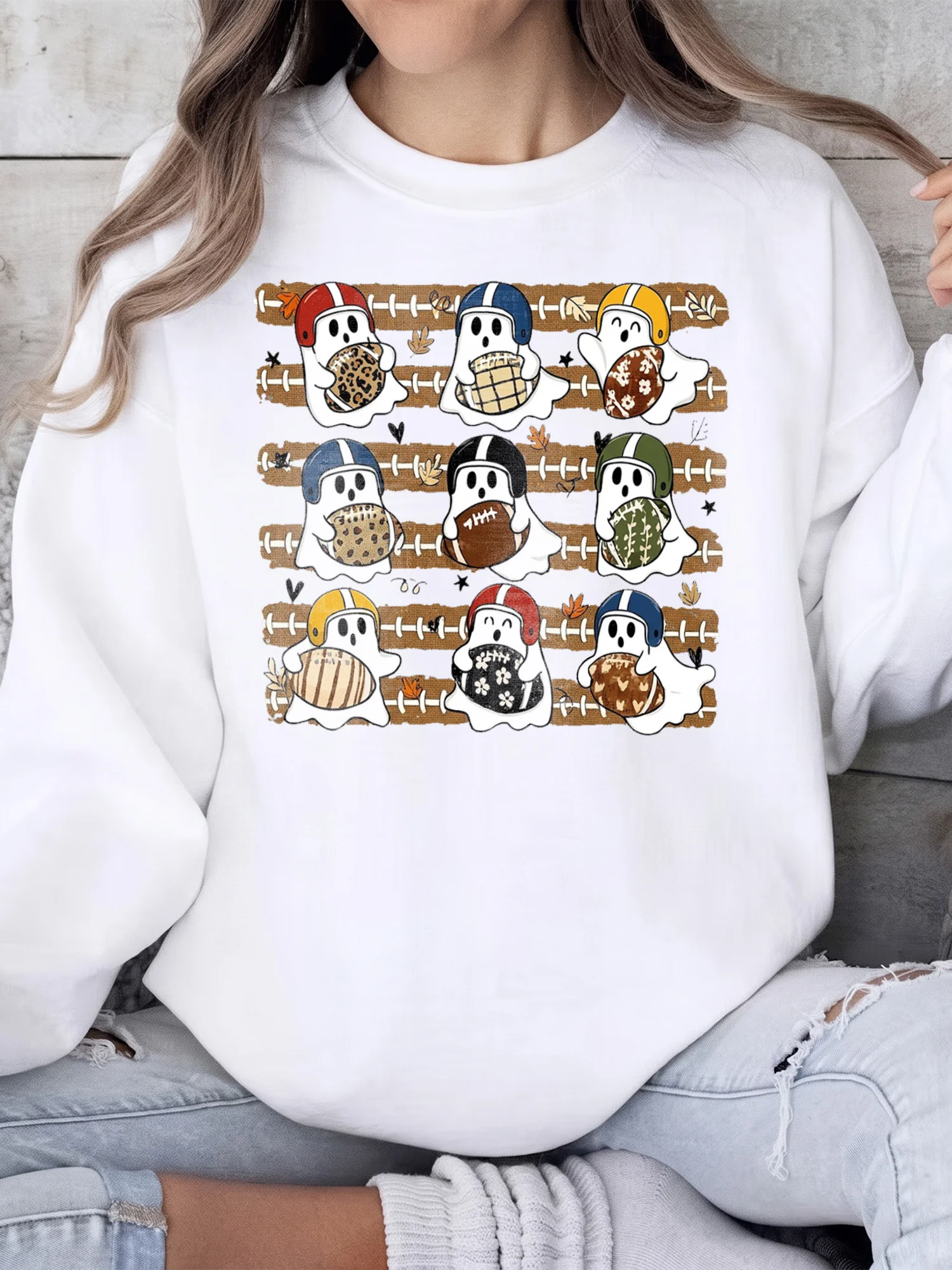 Cute Football Ghost Halloween Game Day Tee for Women