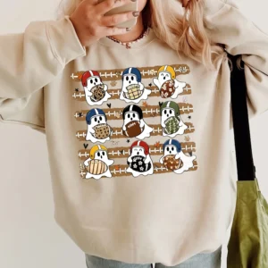 Cute Football Ghost Halloween Game Day Tee for Women