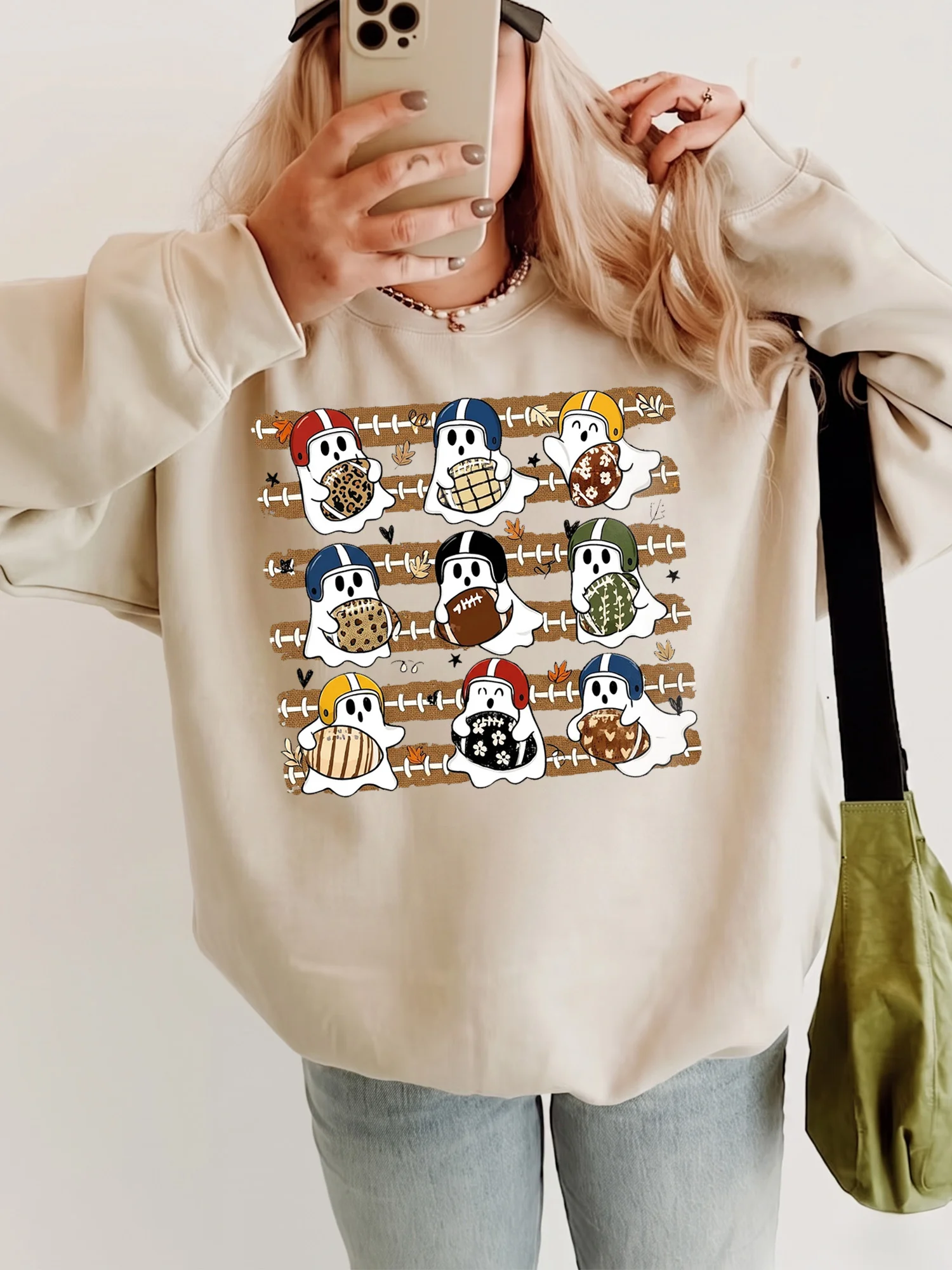 Cute Football Ghost Halloween Game Day Tee for Women