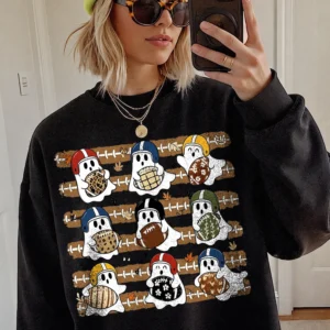 Cute Football Ghost Halloween Game Day Tee for Women