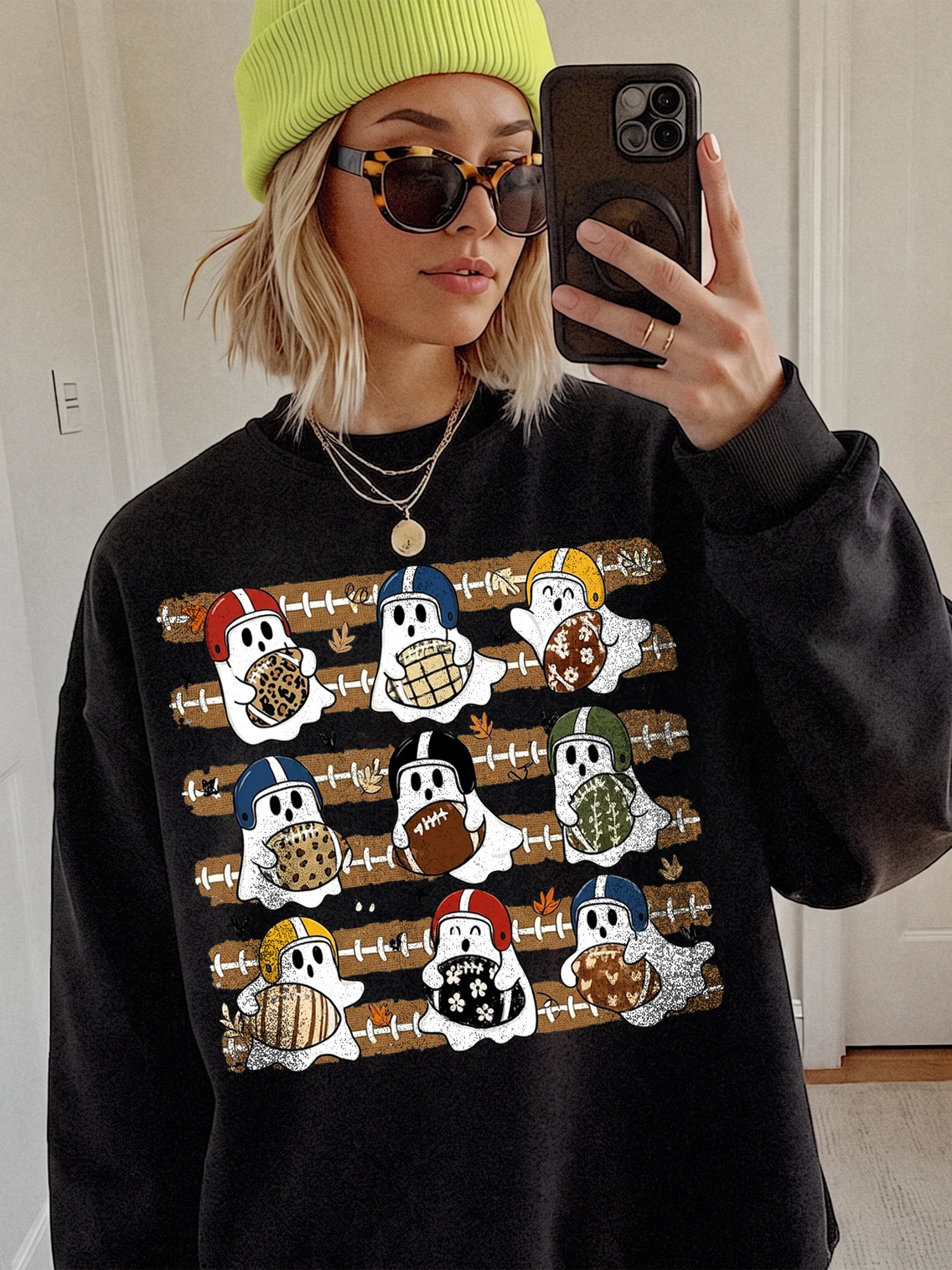Cute Football Ghost Halloween Game Day Tee for Women