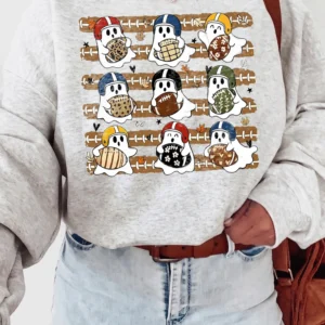 Cute Football Ghost Halloween Game Day Tee for Women