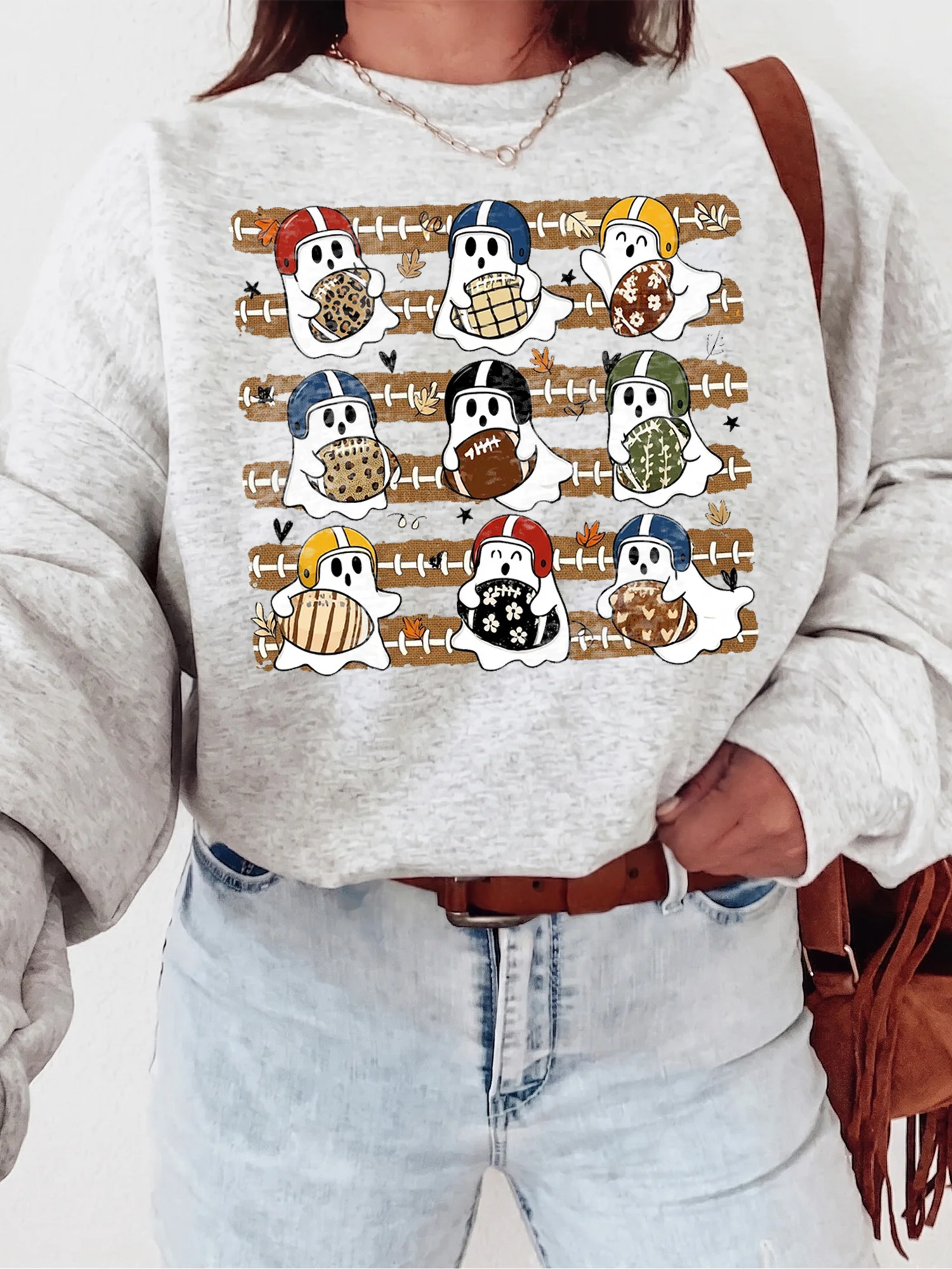Cute Football Ghost Halloween Game Day Tee for Women