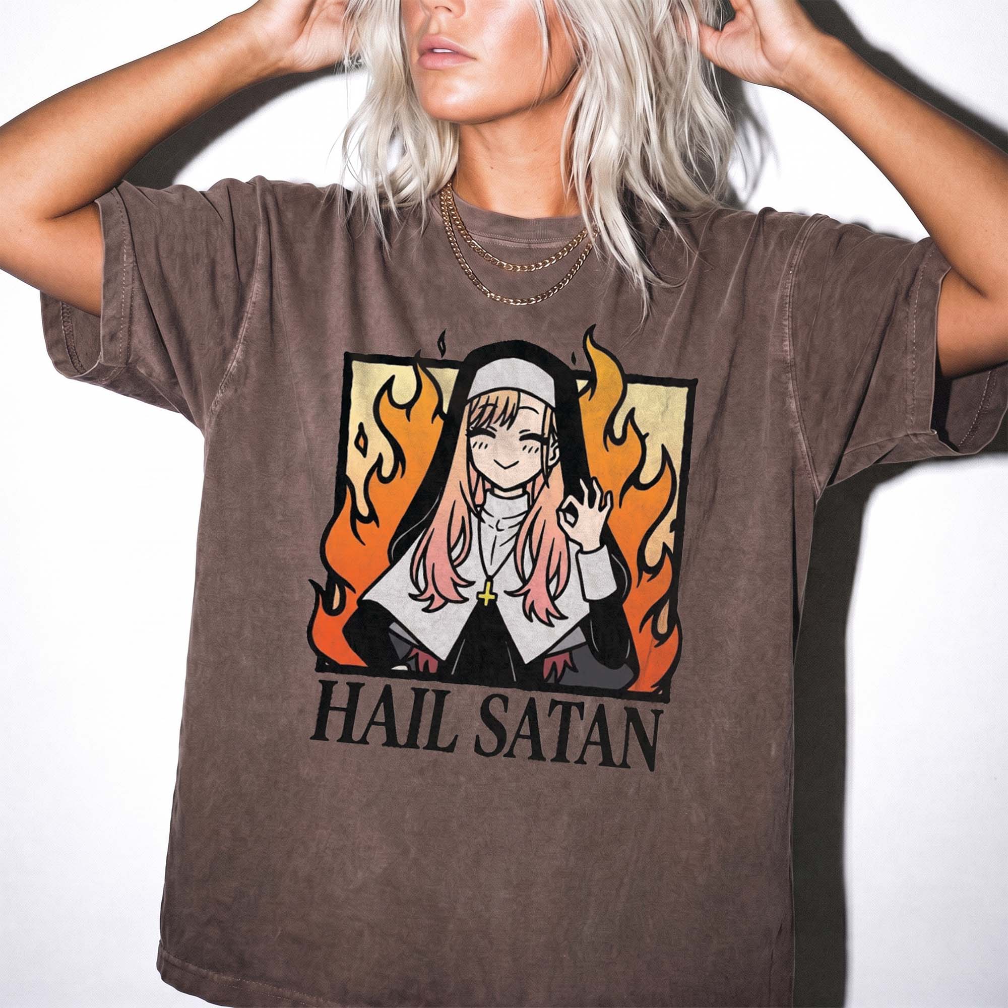 Hail Satan Anime Nun Tee Edgy Dark Humor Alternative Graphic Shirt