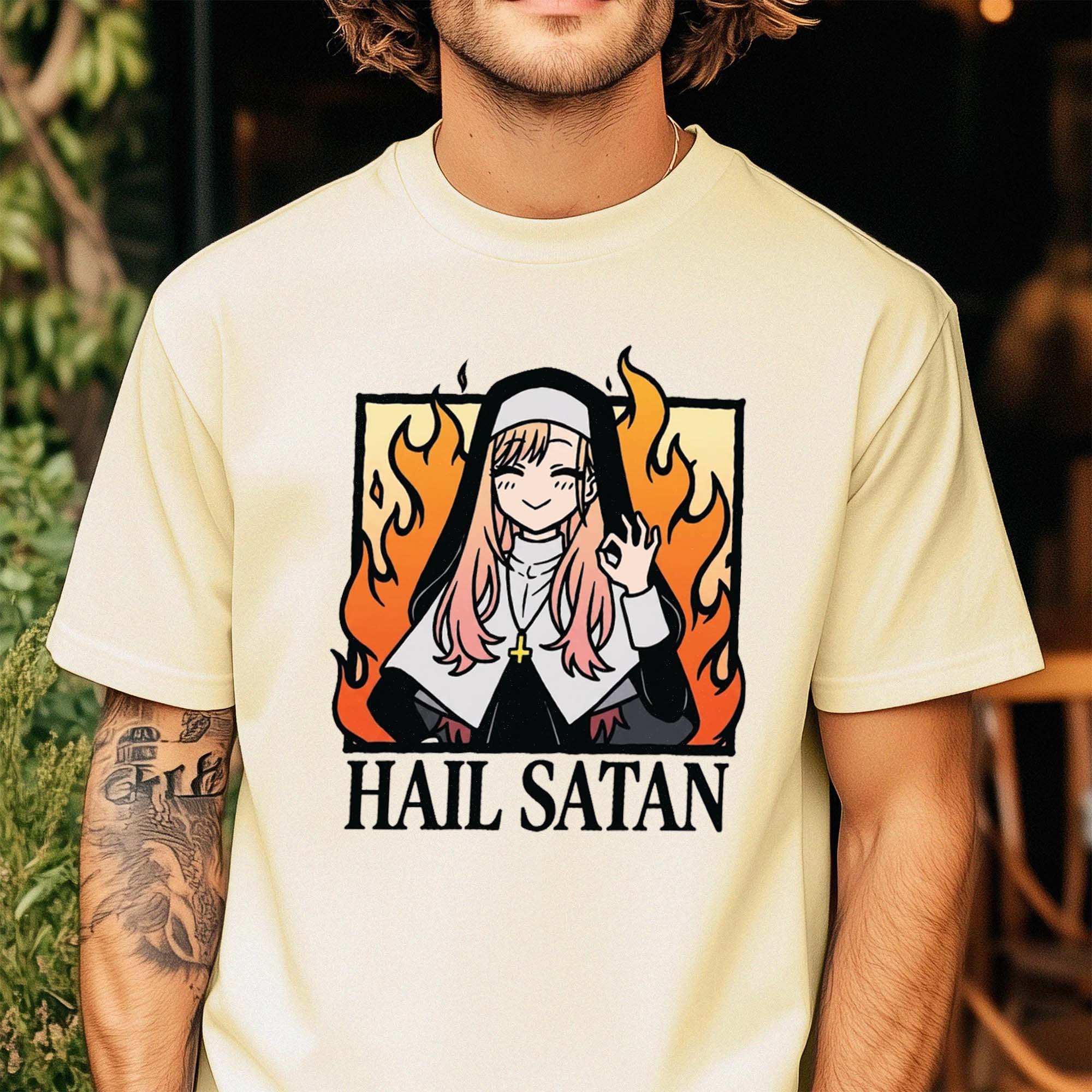 Hail Satan Anime Nun Tee Edgy Dark Humor Alternative Graphic Shirt
