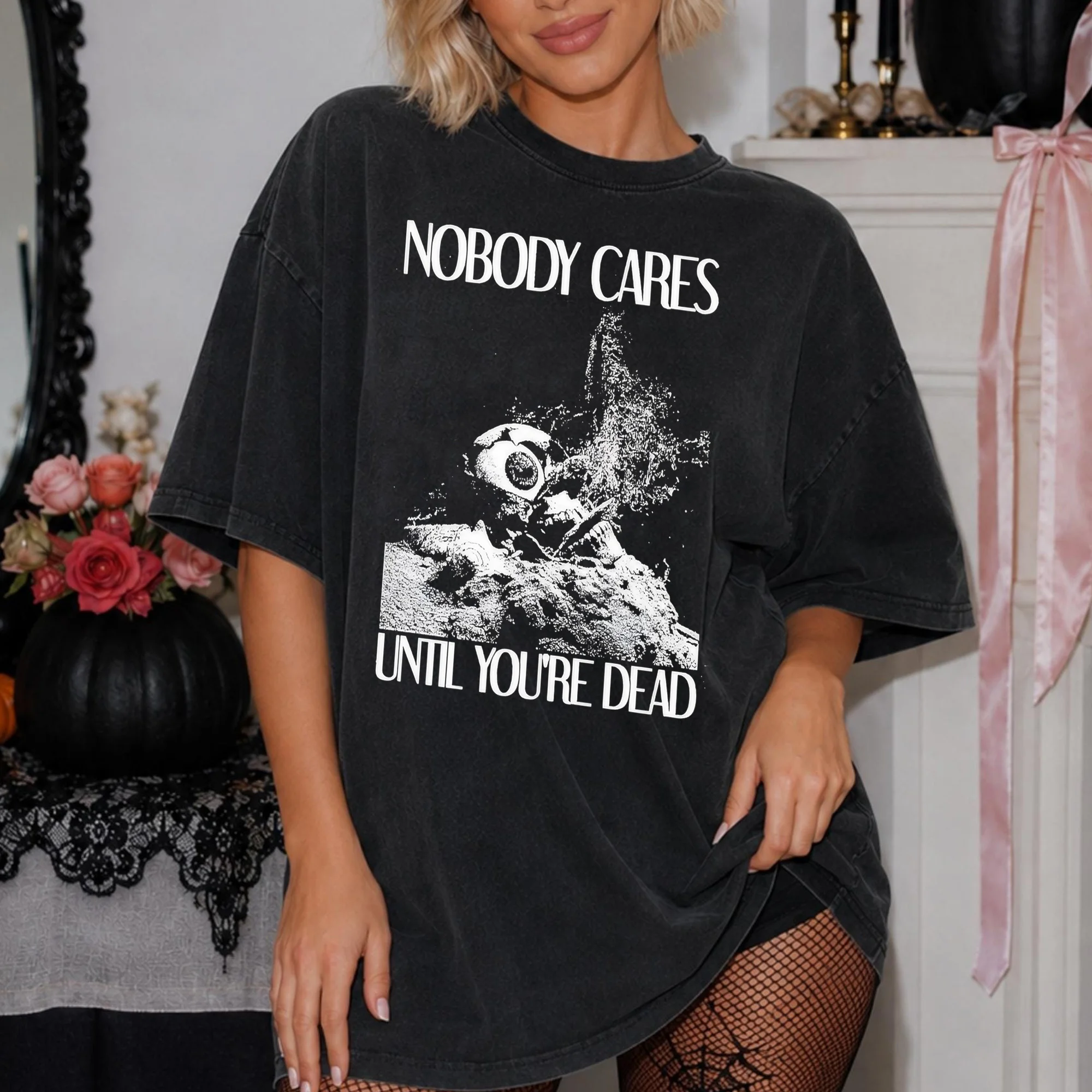 Nobody Cares Until You're Dead Astronaut Graphic Tee Edgy Dark Humor Streetwear Shirt